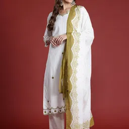Indo Era Floral Embroidered Sequinned Pure Cotton Kurta with Trousers & Dupatta-picture-14