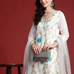 Indo Era Women Floral Embroidered Thread Work Kurta With Trousers & Dupatta-picture-28