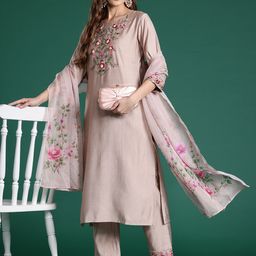 Indo Era Floral Embroidered Thread Work Kurta with Trousers & With Dupatta-picture-24