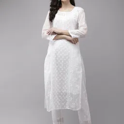 ADA Women White Embroidered Regular Chikankari Kota Kurta with Palazzos-picture-26
