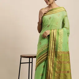 Saree Swarg Green & Gold-Toned Ethnic Motifs Zari Chanderi Sarees-picture-39