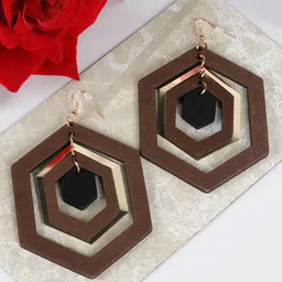 PRITA BY PRIYAASI Brown & Gold-Toned Handcrafted Wooden Geometric Drop Earrings-picture-29