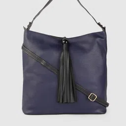 Caprese Navy Blue Animal Textured Regular Structured Hobo Bag with Fringed Detail-picture-10