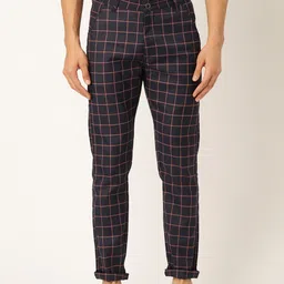 SOJANYA Men Navy Blue & Pink Smart Fit Checked Regular Trousers-picture-14