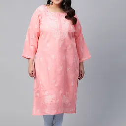 Ada Women Plus Size Peach-coloured & White Ethnic Motifs Embroidered Chikankari Handloom Kurta-picture-13