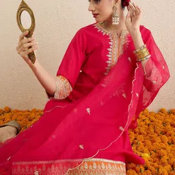Indo Era Ethnic Motifs Embroidered Notch Neck Straight Kurta With Trousers & Dupatta-picture-15