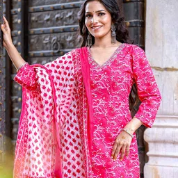 Bahe Kurtiz Floral Printed V-Neck Pure Cotton Straight Kurta With Trousers & Dupatta-picture-38