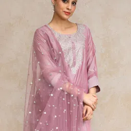 Varanga Women Floral Embroidered Regular Chanderi Silk Kurta with Trousers & With Dupatta-picture-19