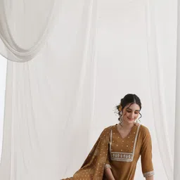 Khushal K Floral Yoke Design V-Neck Thread Work A-Line Kurta With Trousers And Dupatta-image-10