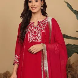 Varanga Women Floral Embroidered Silk Georgette A-Line Kurta with Trousers & Dupatta-picture-20