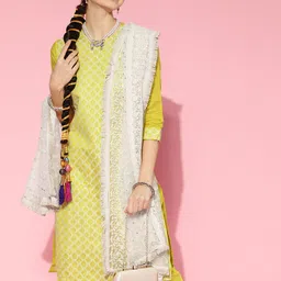 Indo Era Women Olive Green Embroidered Regular Sequinned Chanderi Cotton Kurta with Trousers & With Dupatta-picture-33