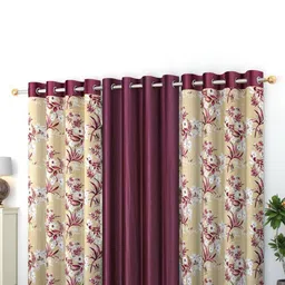 Banchmark Home Furnishings Purple & White Set of 3 Floral Black Out Long Door Curtain-image-6