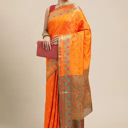 Saree Swarg Orange Ethnic Motifs Zari Silk Blend Banarasi Sarees-picture-25