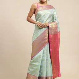 Royal Rajgharana Saree Green Ethnic Motifs Silk Blend Banarasi Sarees-picture-23