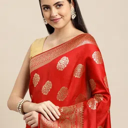 Leeza Store Red & Golden Ethnic Motifs Zari Silk Blend Banarasi Saree-image-46
