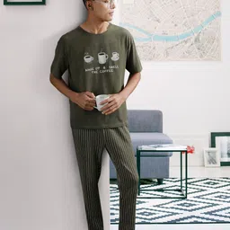 Trendyol Men Khaki & Grey Pure Cotton Typography Print Pyjama Set-image-71