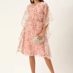 Ethnovog Pink Floral Keyhole Neck Layered Georgette Dress-picture-20