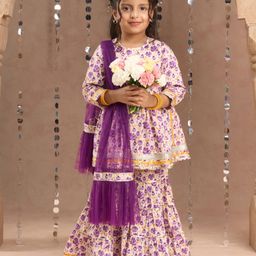 LIL DRAMA Girls Floral Printed Gotta Patti Pure Cotton Kurta with Sharara & Dupatta-image-34