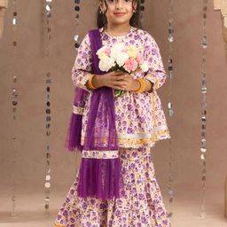 LIL DRAMA Girls Floral Printed Gotta Patti Pure Cotton Kurta With Sharara & Dupatta-image-41