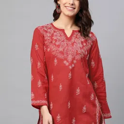 ADA Women Maroon & White Chikankari Embroidered Pure Cotton Straight Sustainable Kurti-picture-19