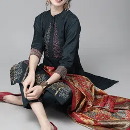 Ishin Women Teal Blue & Red Embroidered Kurta with Trousers & Dupatta-picture-20