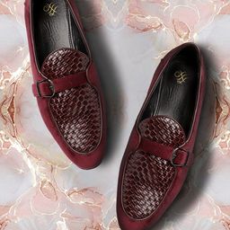 House of Pataudi Men Burgundy & Brown Basketweave Textured Handcrafted Leather Loafers-picture-14