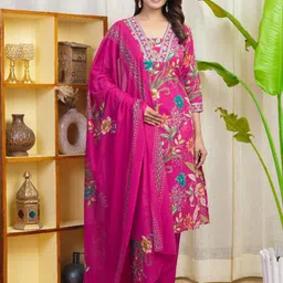 SKYLEE Women Floral Printed Sequinned Regular Straight Kurta with Trousers & Dupatta image 4