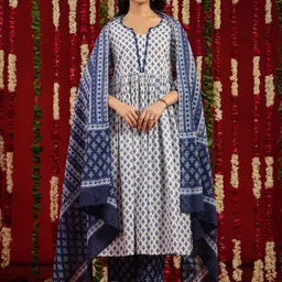 anayna Ethnic Motifs Printed Pure Cotton Round Neck Anarkali Kurta with Trousers & Dupatta image 4