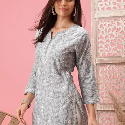 ADA Grey & White Ethnic Motifs Embroidered Plus Size Chikankari Kurti image 2