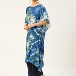 Maaesa Women Navy Blue & White Dyed Extended Sleeves Crepe Kaftan Kurta image 2