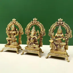 Exotic India Gold Toned 3 Pcs Brass Ganesha Lakshmi and Saraswati Showpieces image 5