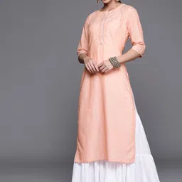 Libas Women Peach-Coloured Cotton Striped Boat Neck Straight Kurta image 3