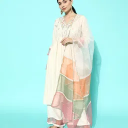 Sangria Women Floral Embroidered Pleated Thread Work Kurta with Palazzos & With Dupatta image 2