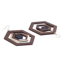 PRITA BY PRIYAASI Brown & Gold-Toned Handcrafted Wooden Geometric Drop Earrings image 3