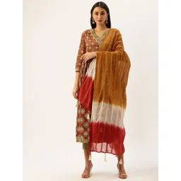 Saanjh Women Rust Brown & Green Printed Angrakha Cotton Kurta with Trousers & With Dupatta image 5