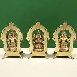 Exotic India Gold Toned 3 Pcs Brass Ganesha Lakshmi and Saraswati Showpieces image 4