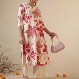 Anouk Floral Printed V-Neck A-Line Pure Cotton Kurta With Palazzos image 3