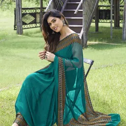 KALINI Turquoise Blue & Brown Solid Printed Border Chiffon Saree image 3