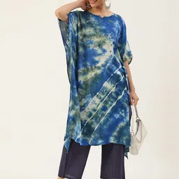 Maaesa Women Navy Blue & White Dyed Extended Sleeves Crepe Kaftan Kurta image 3