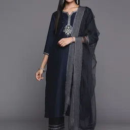 Varanga Women Navy Blue Ethnic Motifs Embroidered Kurta with Trousers & With Dupatta image 5