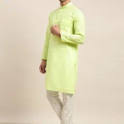 SOJANYA Men Green Mirror Work Pure Cotton Kurta with Churidar & Nehru Jacket image 2