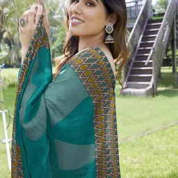 KALINI Turquoise Blue & Brown Solid Printed Border Chiffon Saree image 5