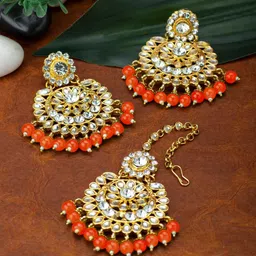Peora Women Orange Traditional 18K Gold-Plated Earrings & Maang Tika-image-33