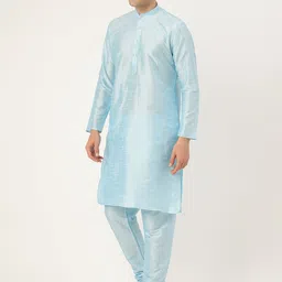 SOJANYA Men Blue Solid Kurta with Churidar & Nehru Jacket image 2