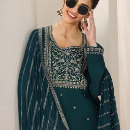 Gerua By Libas Floral Embroidered Round Neck Sequinned Straight Kurta With Trousers & Dupatta image 5