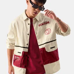 The Souled Store Cream The Invincible Iron Man Printed SpreadCollar Cotton Oversized Shirt-picture-13