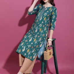 Vishudh Green Geometric Printed Notch Neck Straight Kurta image 5
