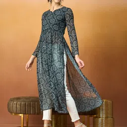 TextileNow Bandhani Printed Pleated Georgette A-Line Kurta image 3