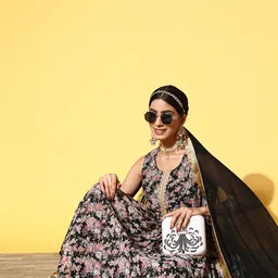 Varanga Women Black Floral Printed Pleated Kurta with Sharara & With Dupatta image 2