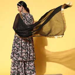 Varanga Women Black Floral Printed Pleated Kurta with Sharara & With Dupatta image 4